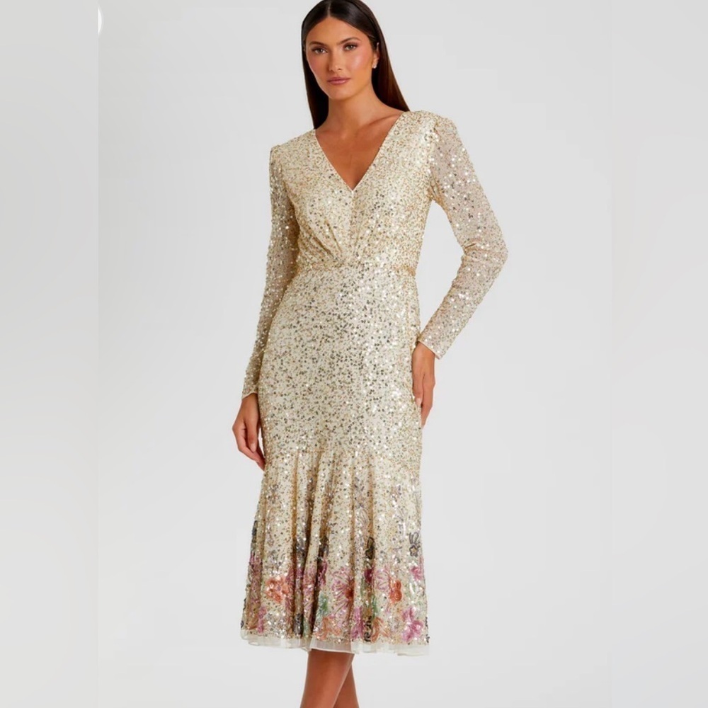 Mac Duggal Faux Wrap Long Sleeve Tea Length Sequin Dress NWT